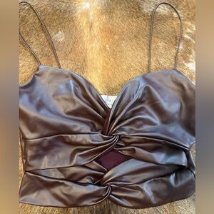 Timing Brown Faux Leather Twist Top